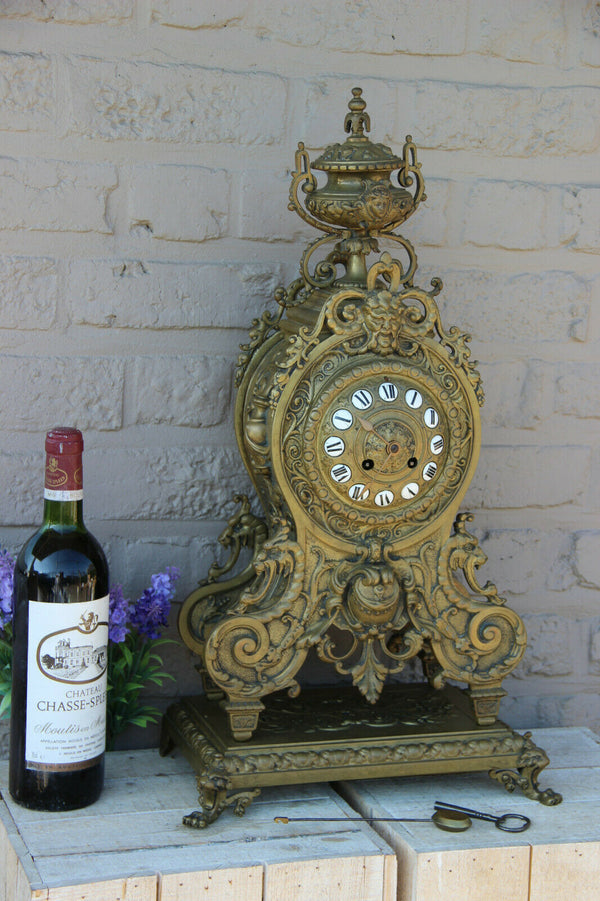 XL Antique French bronze gothic castle dragon devil lion paws putti head clock