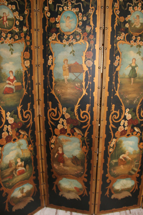 Antique XL French folk art 4 season putti animal Childs hand paint Room screen