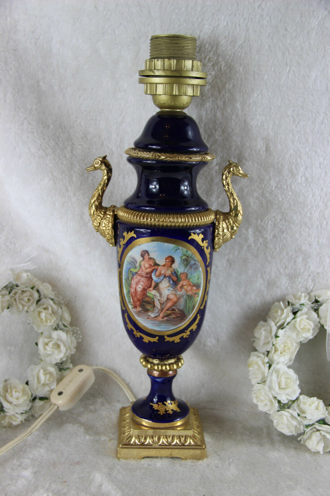 Vintage French limoges porcelain victorian scene swan handles table lamp