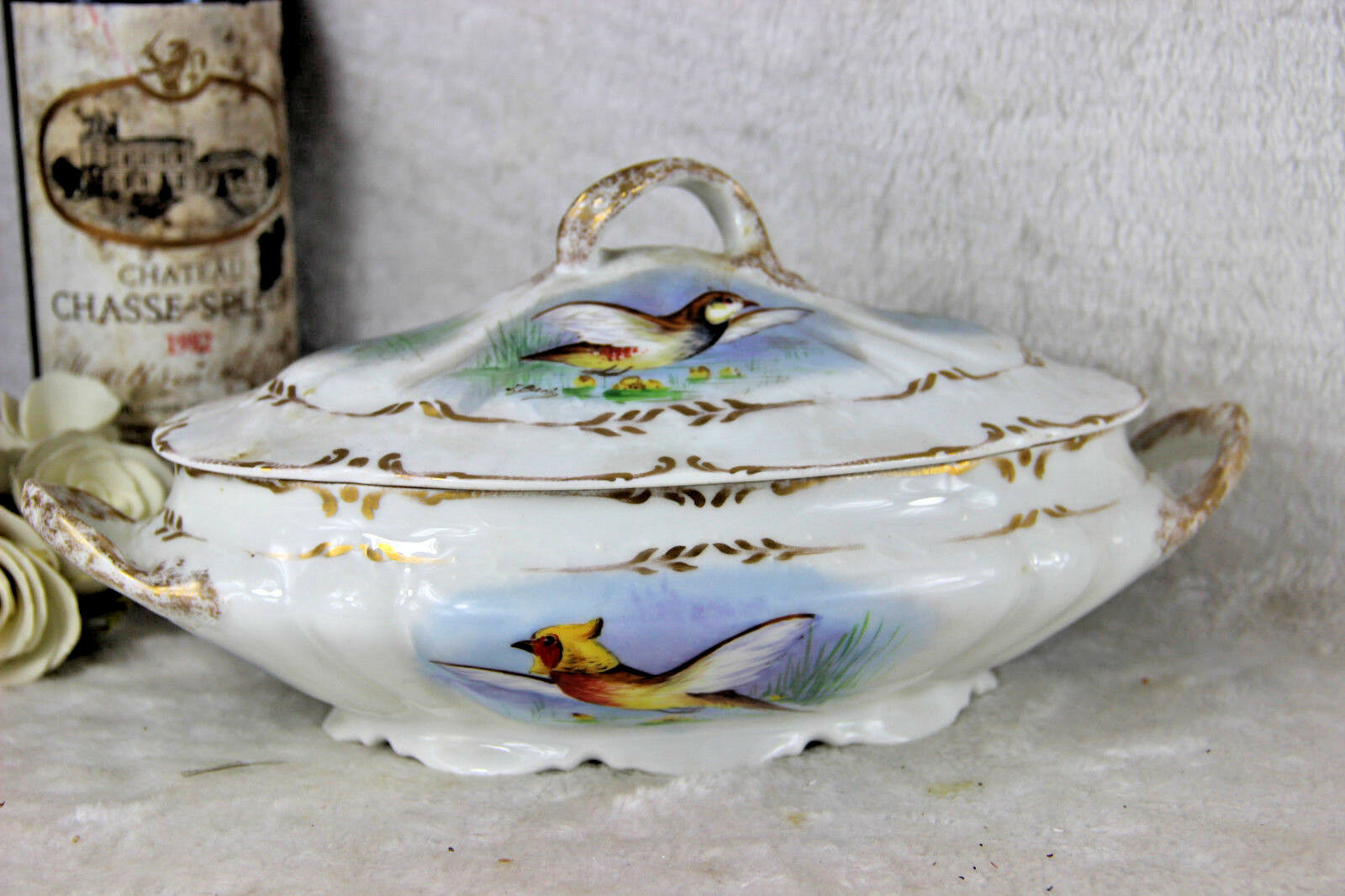 French limoges marked porcelain bird pheasant tableware salad bowl signed