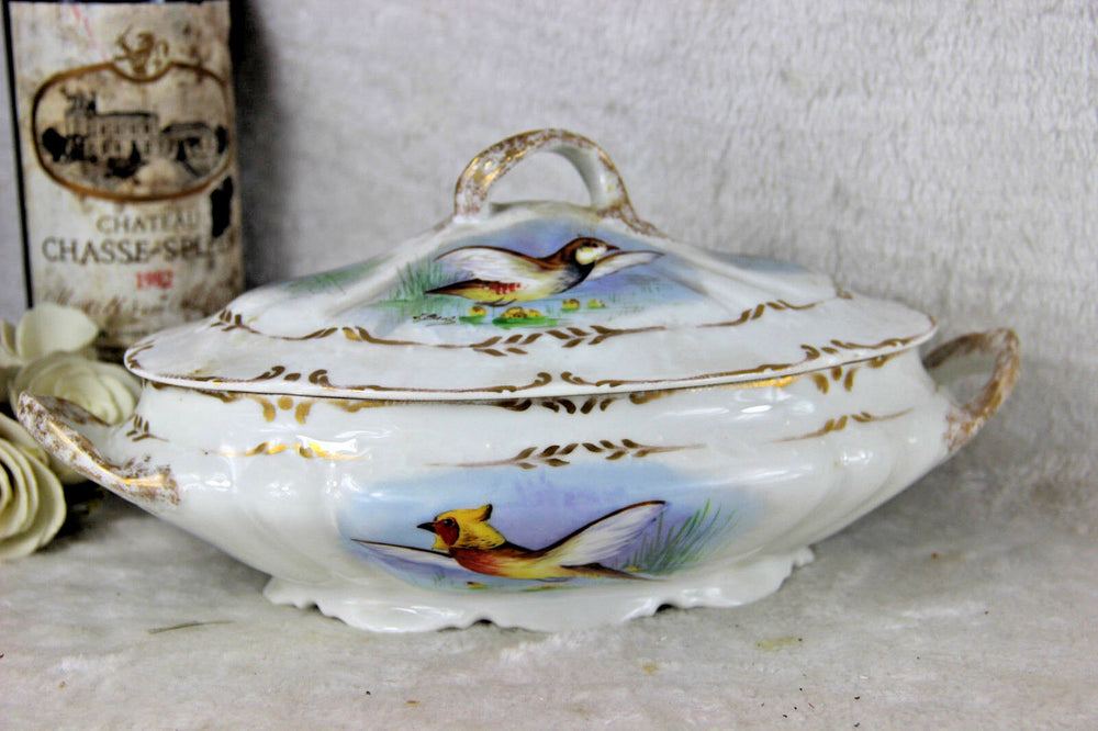 French limoges marked porcelain bird pheasant tableware salad bowl signed