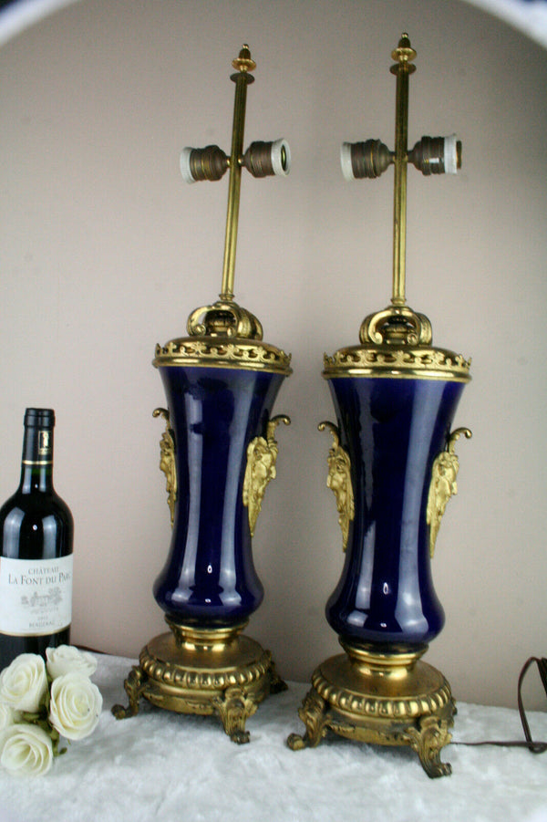 Antique French blue Faience satyr devil heads Vases mounted lamps 1900