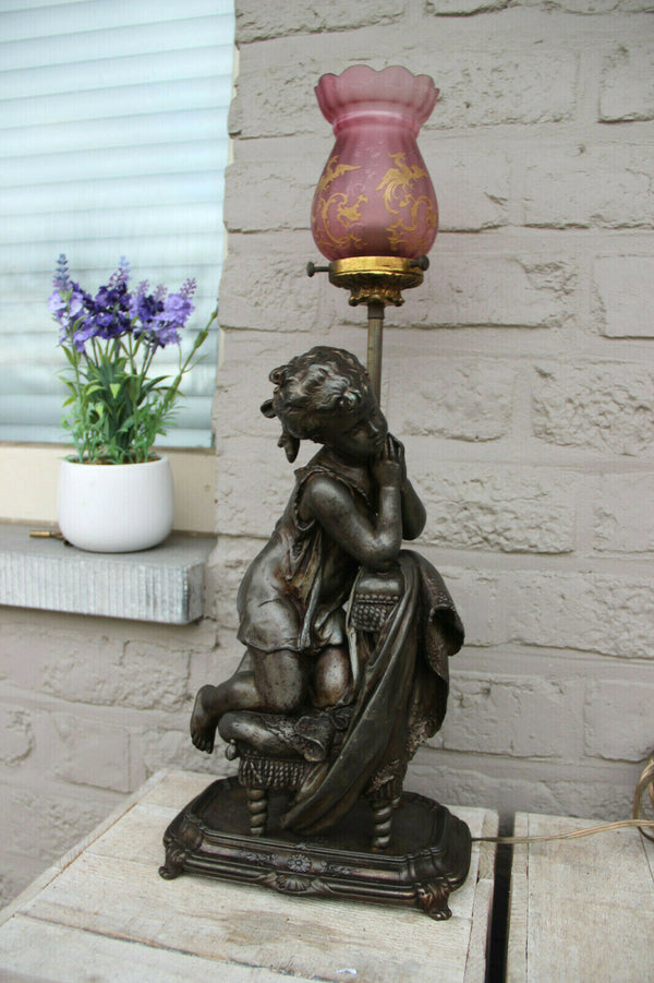 Gorgeous French Spelter bronze putti lamp glass dragon etched pink shade rare