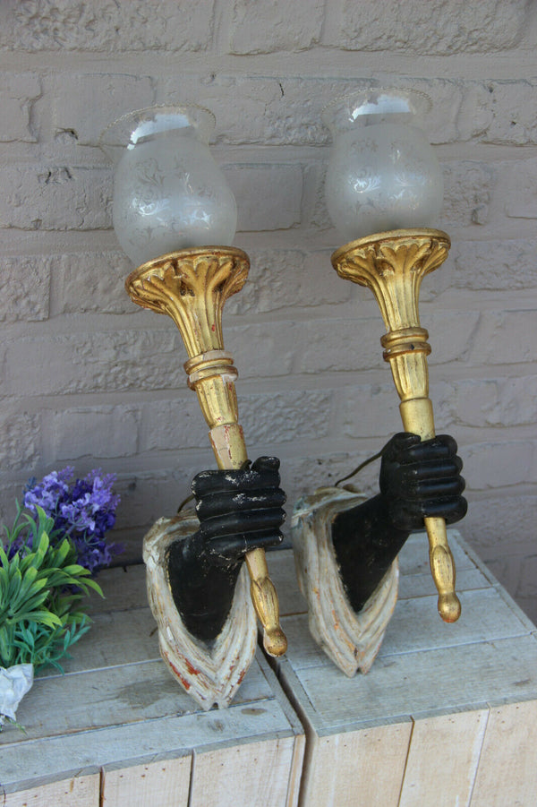 Rare PAIR 1950 Wood hand carved sconces torch castle Wall lights attr Jansen
