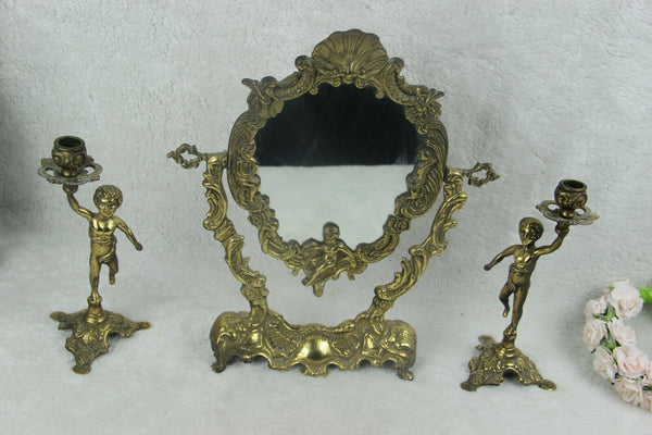 Antique French vanity Bronze brass putti Mirror candle holder set make up