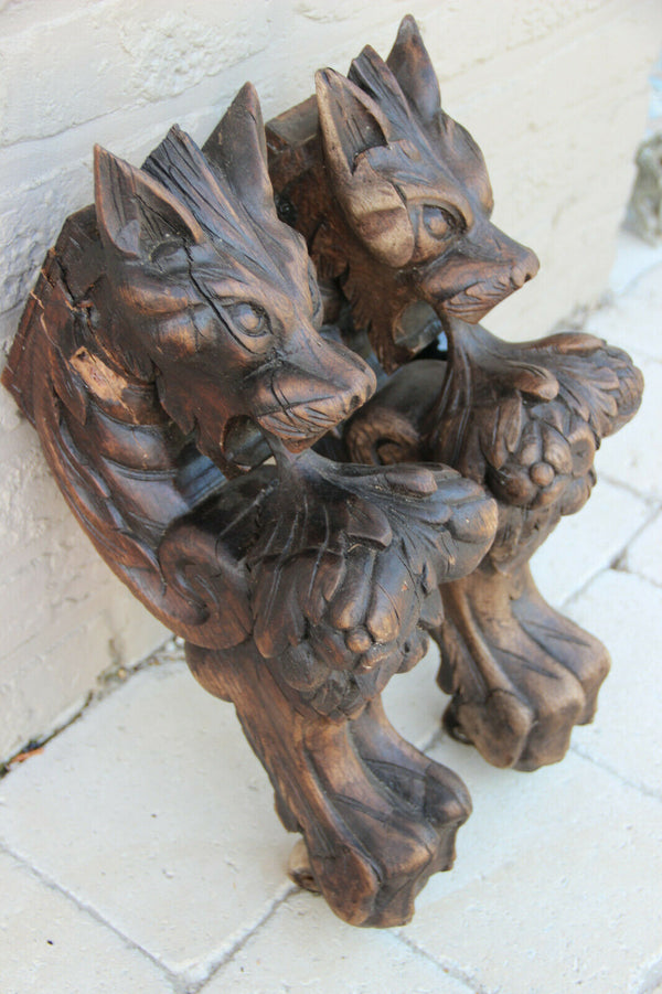 XXL Antique  PAIR oak wood carved hunting table dragon gothic legs figurines n2