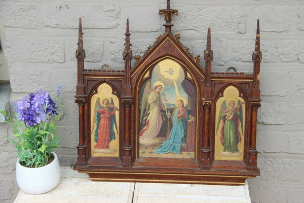 Antique Neo gothic religious Tryptique oil panel angel Gabriel mary Annunciation
