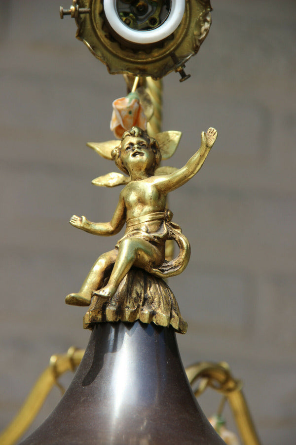 French bronze porcelain flowers putti 7 arms chandelier empire