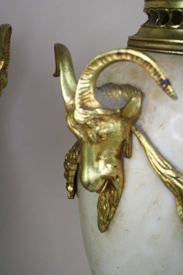 PAIR Huge French Marble Vases urns Ram heads bronze louis XVI decor 1900