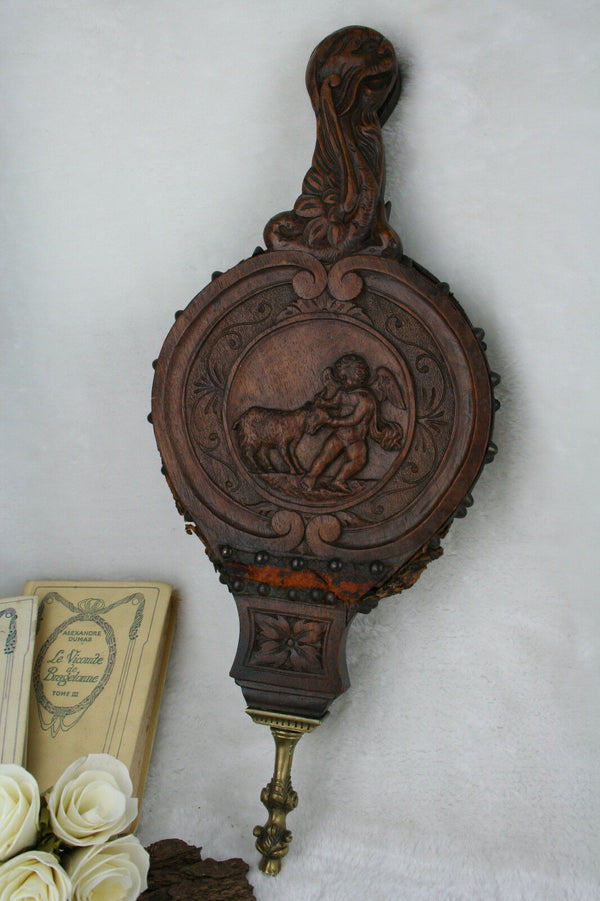 1880 UNUSUAL wood carved victorian putti fireplace blower gothic freak bellows