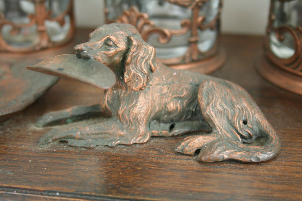 Unusual French 60's Spelter bronze Hunting dog ram heads smoking set cigarettes