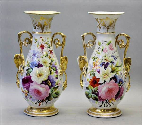 PAIR antique french vieux old paris porcelain floral hand paint vases