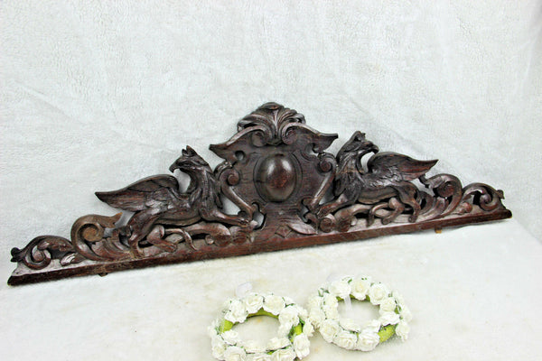Antique large French pediment fronton wood carved gothic phenix dragon birds