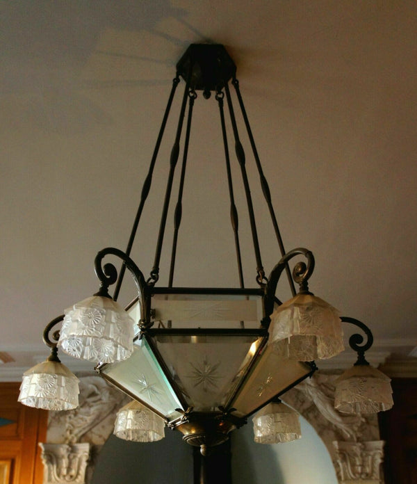 Antique French ART DECO 1930 Bronze Glass crystal cut chandlier 7 light