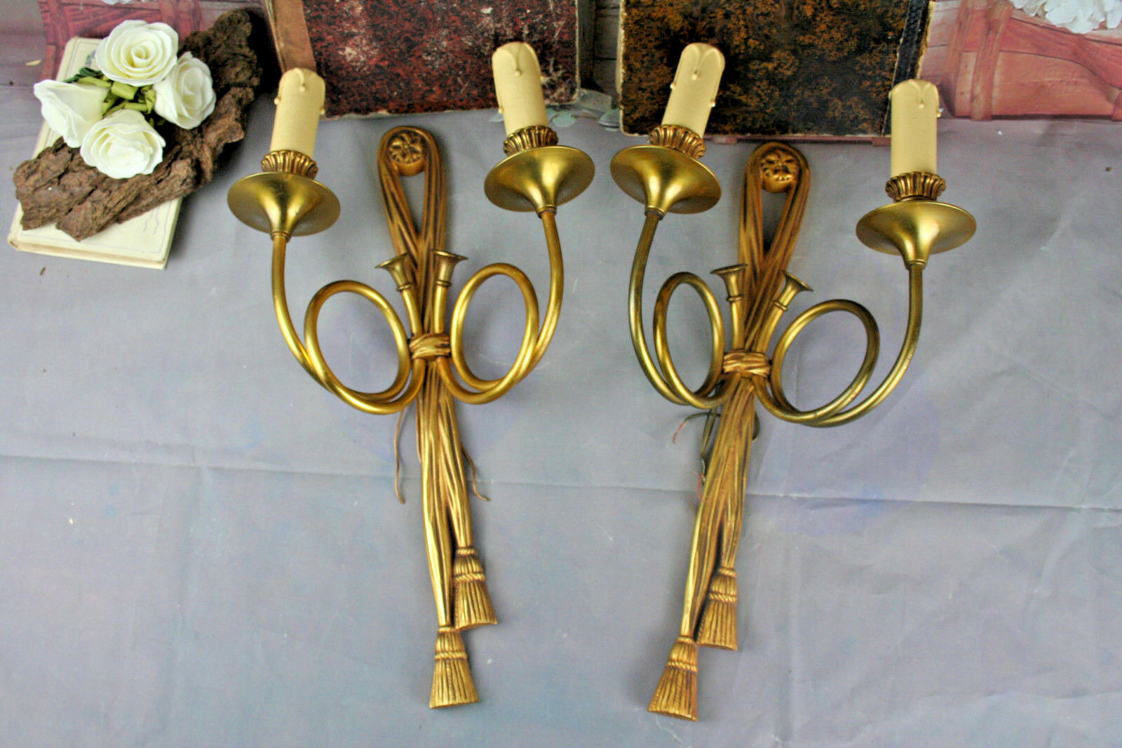 PAIR hunting horn brass 2 arms sconces wall ligts lamp 1920 French