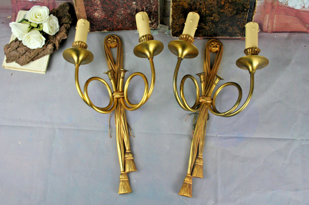 PAIR hunting horn brass 2 arms sconces wall ligts lamp 1920 French