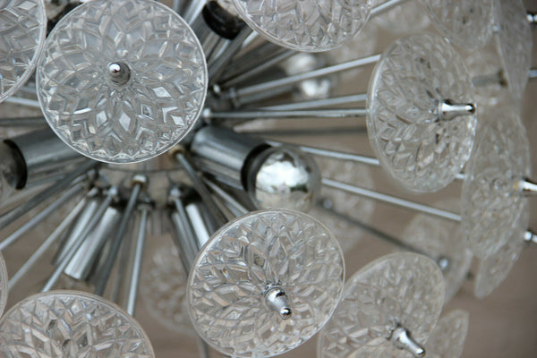 Val Saint Lambert Crystal glass discs Sputnik Chandelier chrome pendant 1960