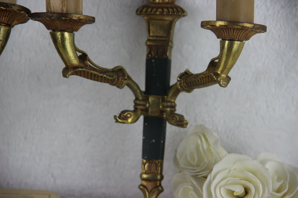 PAIR french empire Brass metal swan arms wall lights sconces 1950's