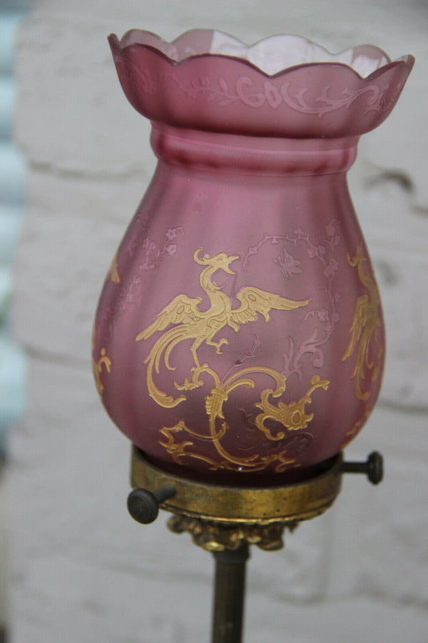 Gorgeous French Spelter bronze putti lamp glass dragon etched pink shade rare