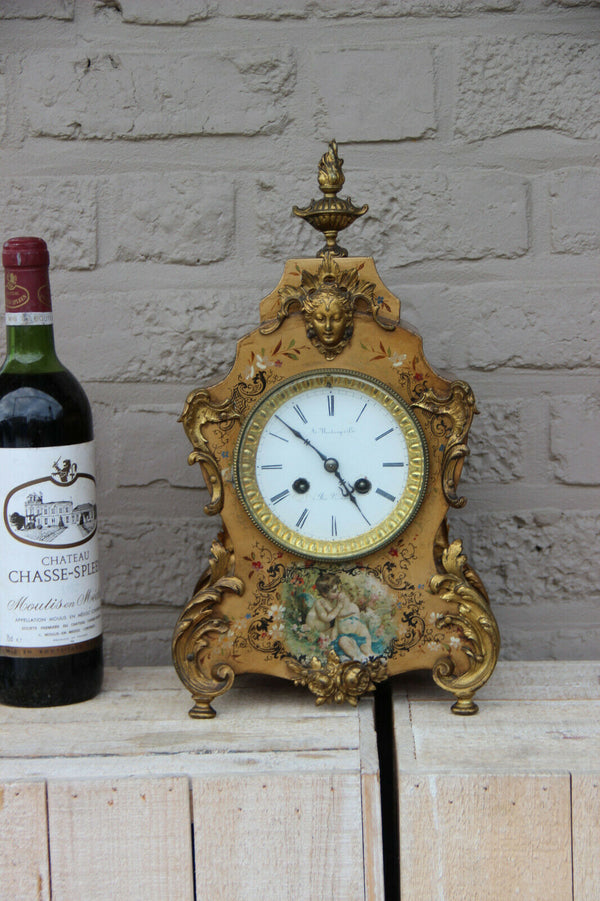 Antique French parisian mantel clock putti angel portrait scene floral decor