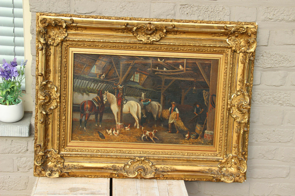 FRANS VAN LEEMPUTTEN listed belgian artist oil panel stable horse dog signed