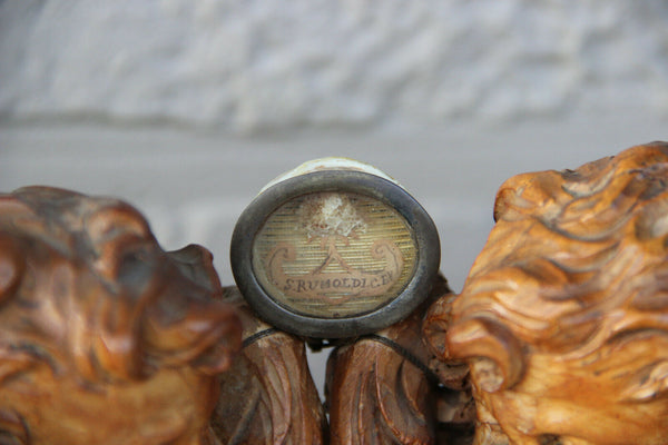 Antique French Wood carved angels putti relic holder reliquary Rare