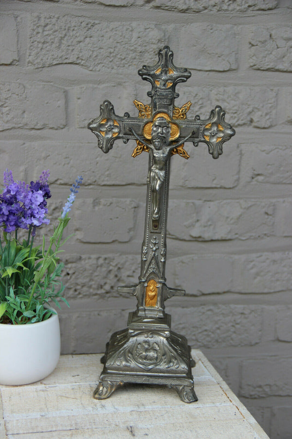 Antique French religious spelter crucifix cross 4 evangelists base symbols