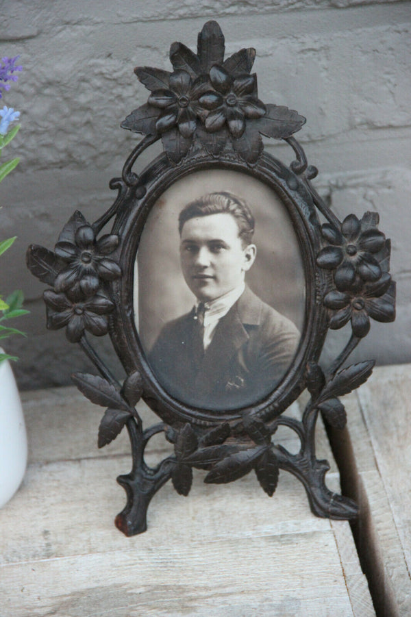 Antique 19th c Black forest wood carved picture photo  frame floral decor