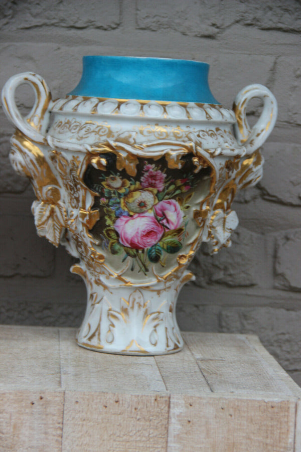 PAIR antique French vieux paris porcelain vases Floral hand paint decor