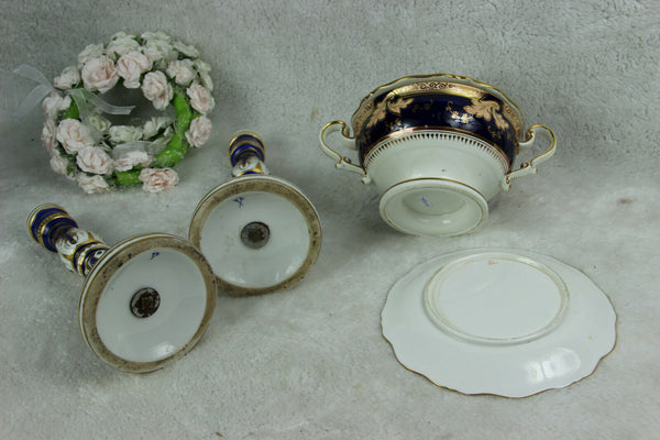 German porcelain marked Mantel set Candlesticks centerpiece bowl lidded