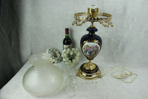 XL French limoges porcelainTable lamp glass shade 1960