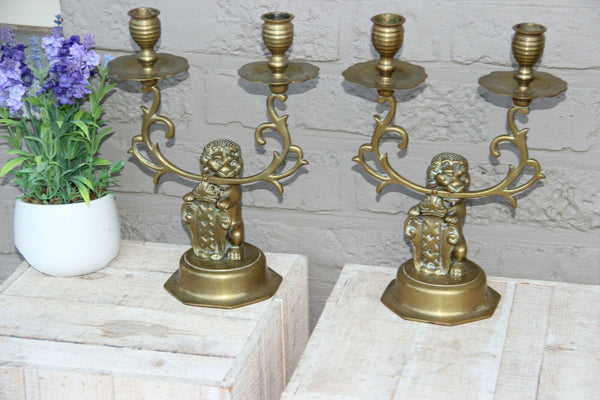 20th century Brass Candelabras  with Lion and Coat of Arms of Amsterdam