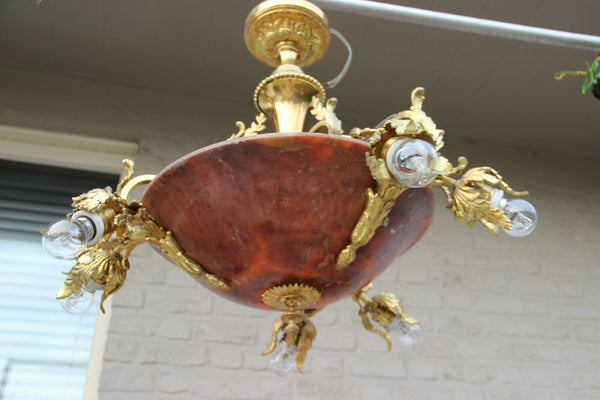 Vintage French Alabaster amber Bowl Chandelier Bronze brass 1960