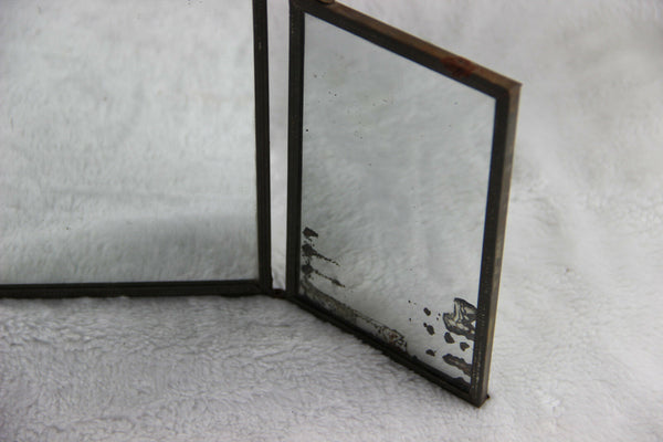 Antique French 1900 Barber mirror tryptich open/fold system chromos hunt dogs