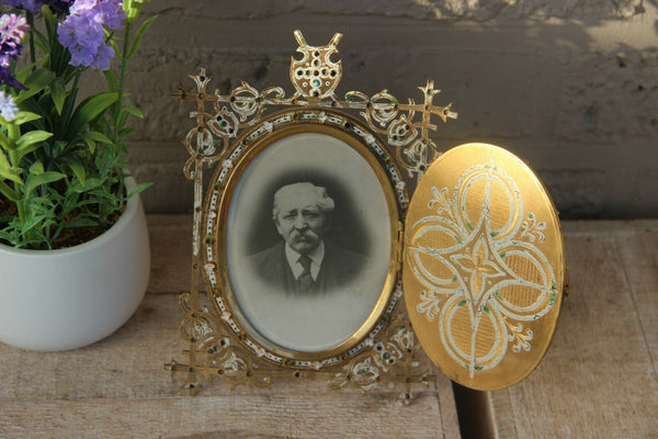 Rare french antique brass inlaid stones enamel porcelain medaillon picture frame