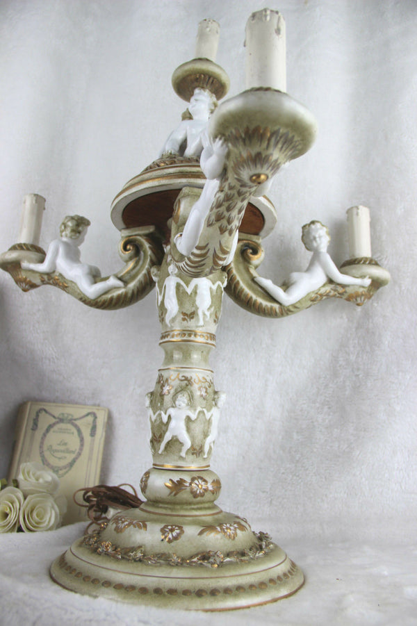 Gorgeous Italian Faience Putti cherubs angels 3 arms candelabra lamp  1960's