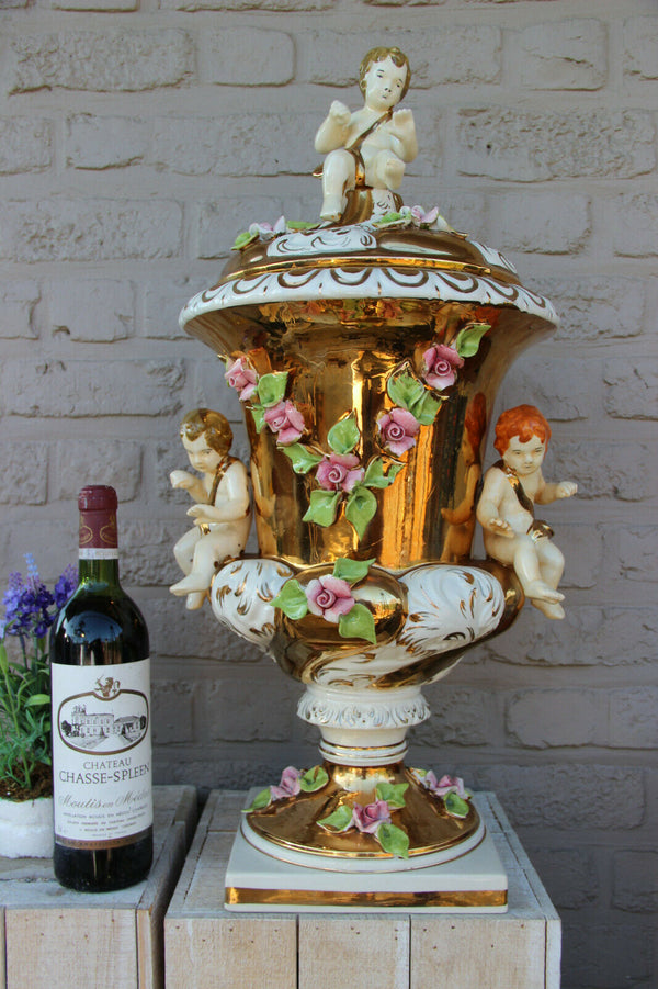 XXL Italian capodimonte porcelain vase Putti angels majolica floral decor lidded