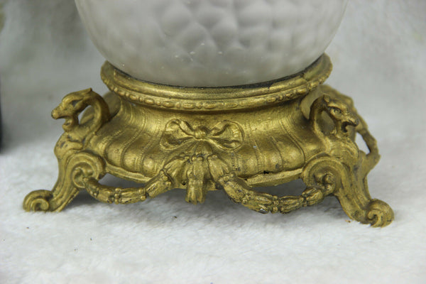 Antique French art nouveau spelter lady figurine glass bowl centerpiece dragons