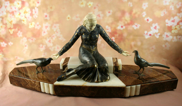 LARGE Heavy ART DECO group lady birds patinated metal / ivorine signed GORI