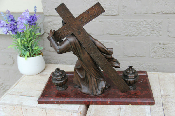 Antique French spelter bronze marble base Jesus christ cross statue inkwell