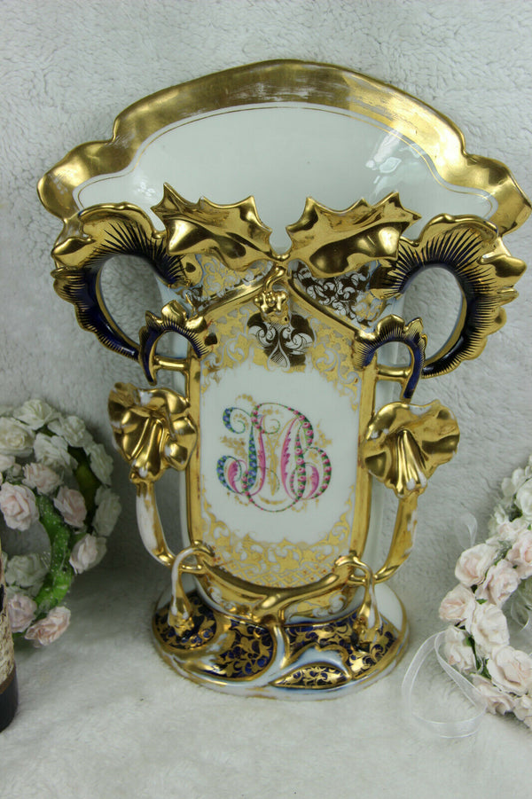 XL antique French vieux paris monogram Porcelain Vase
