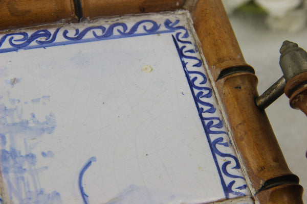 Antique Portugese Ceramic tiles serving tray plate hunting dog catching boar