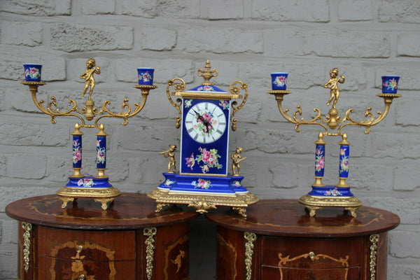 Superb French vintage porcelain putti angels floral clock set candlesticks 1960