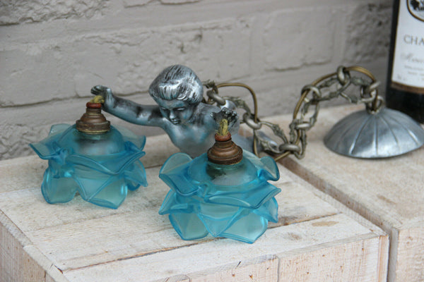Antique Metal Silver patina Putti angel Chandelier pendant lamp blue glass shade