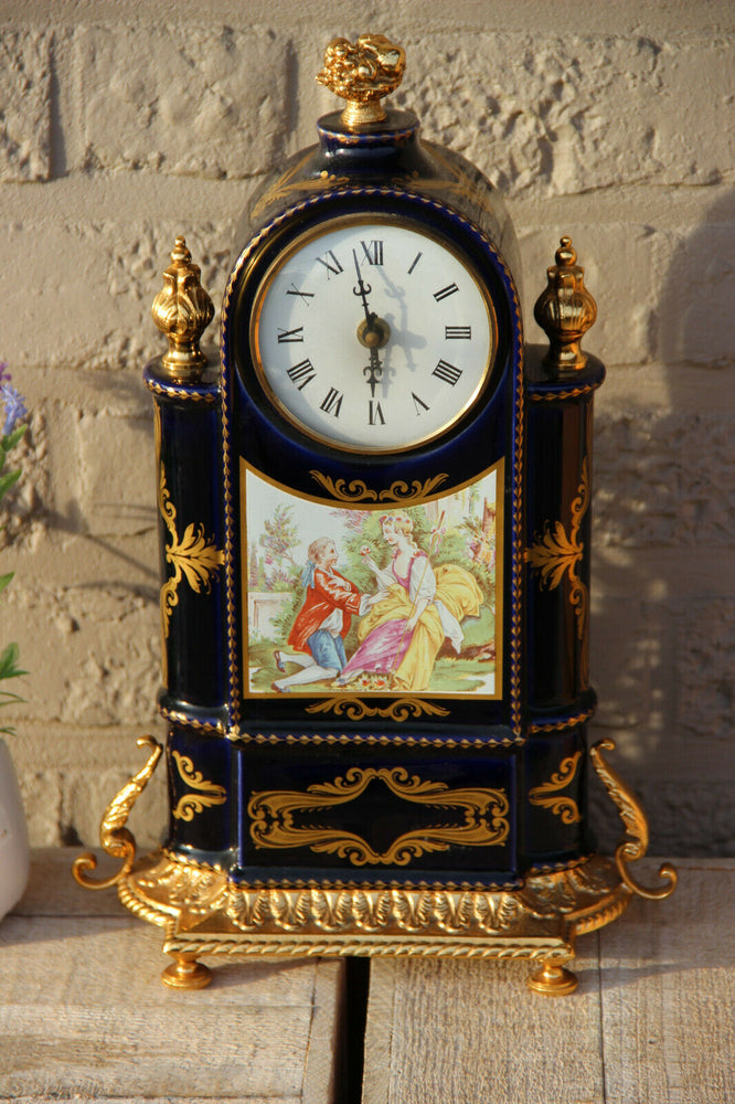 French vintage cobalt blue limoges porcelain mantel clock Victorian scene