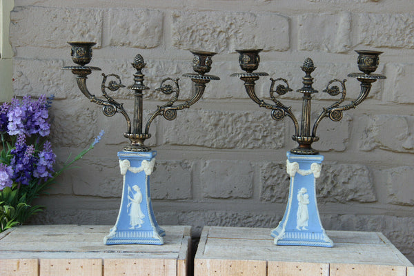 Antique PAIR Wedgwood angel putti ram heads porcelain candle holders