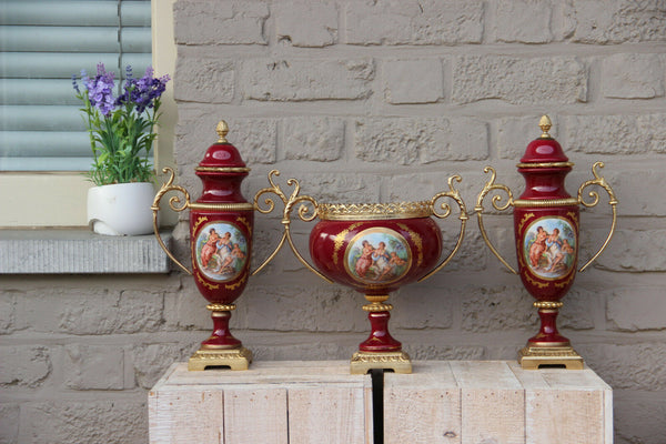 SET French Red porcelain centerpiece Bowl Vases romantic victorian putti scene