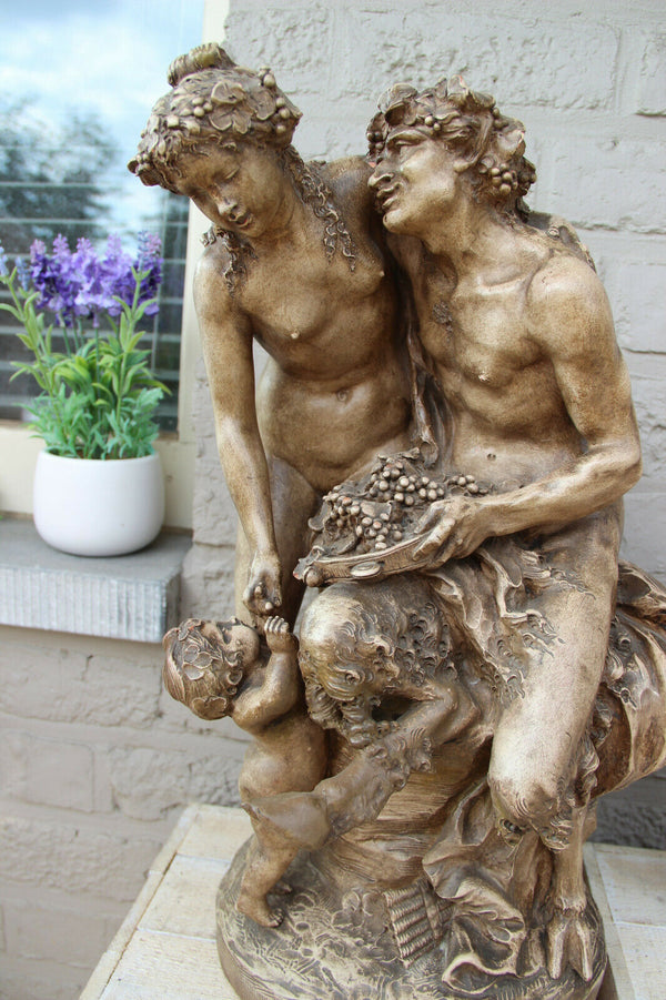 huge antique terracotta Faun Bacchus nymph Statue group after CLODION marked
