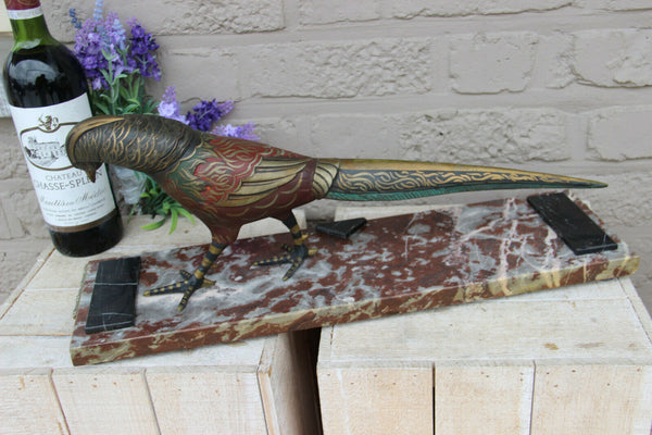 Antique french art deco spelter bronze polychrome paint pheasant bird marble
