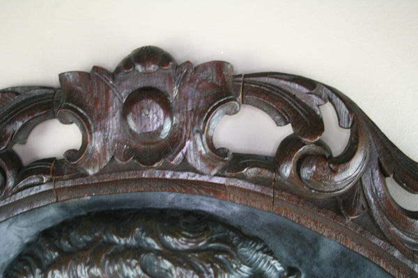 Black forest Wood carved Copper embossed Wall plaque Charles quint portrait